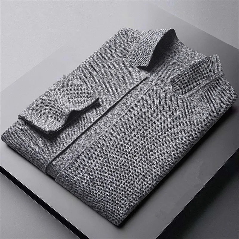 Men's textured knit cardigan detail view