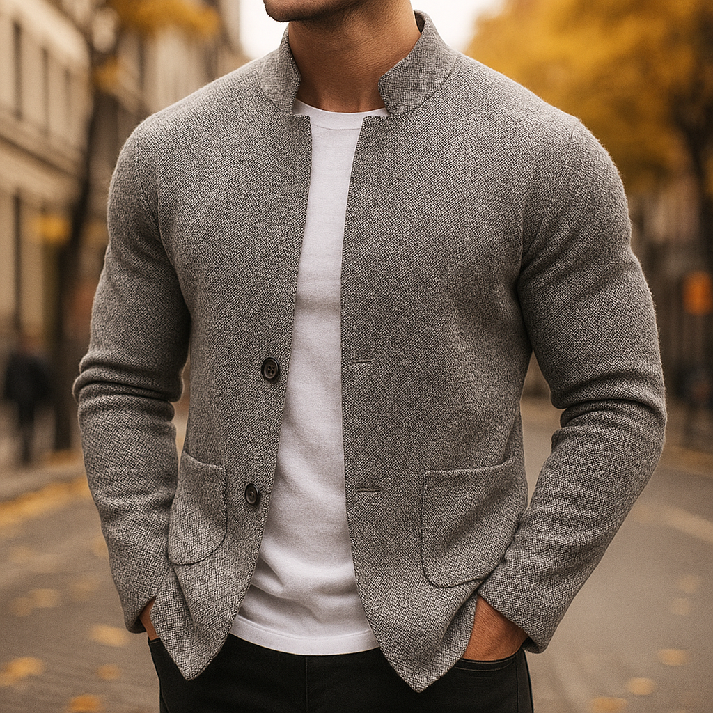 Men's textured knit cardigan in grey with notch collar