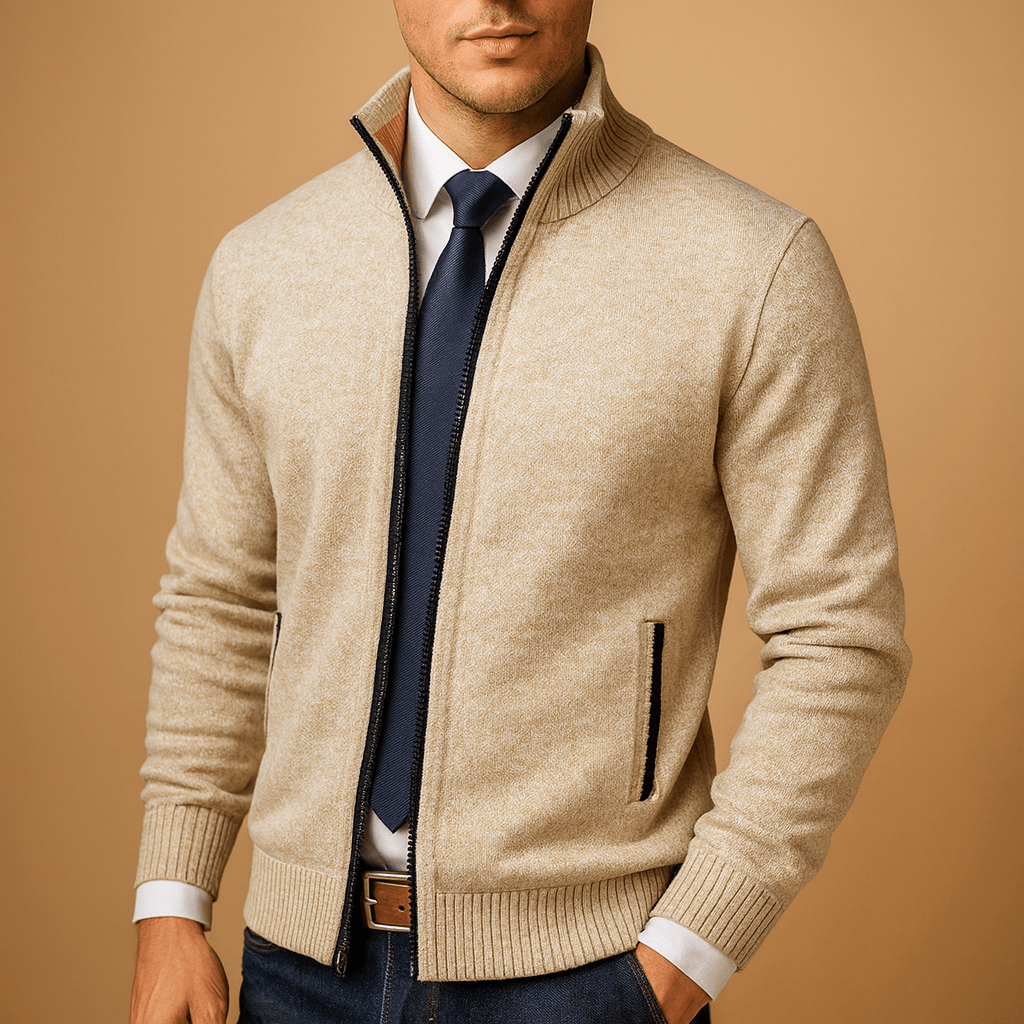 Men's zip up knit cardigan in beige with full zip and side pockets