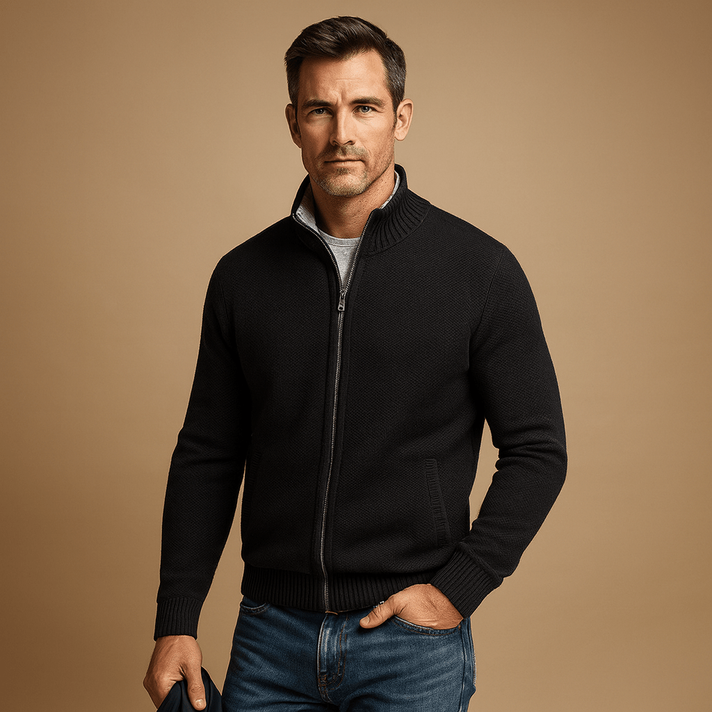 Men's zip up knit cardigan in black with full zip and side pockets