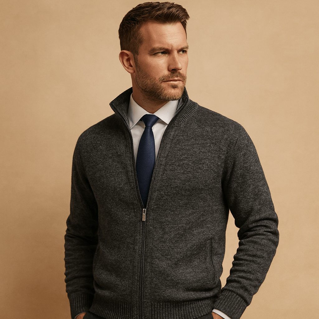 Men's zip up knit cardigan in dark grey with full zip and side pockets