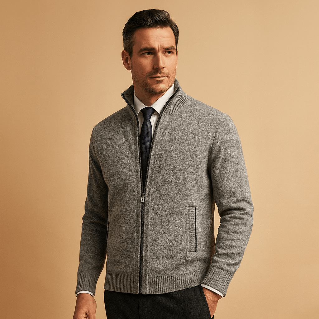 Men's zip up knit cardigan in light grey with full zip and side pockets