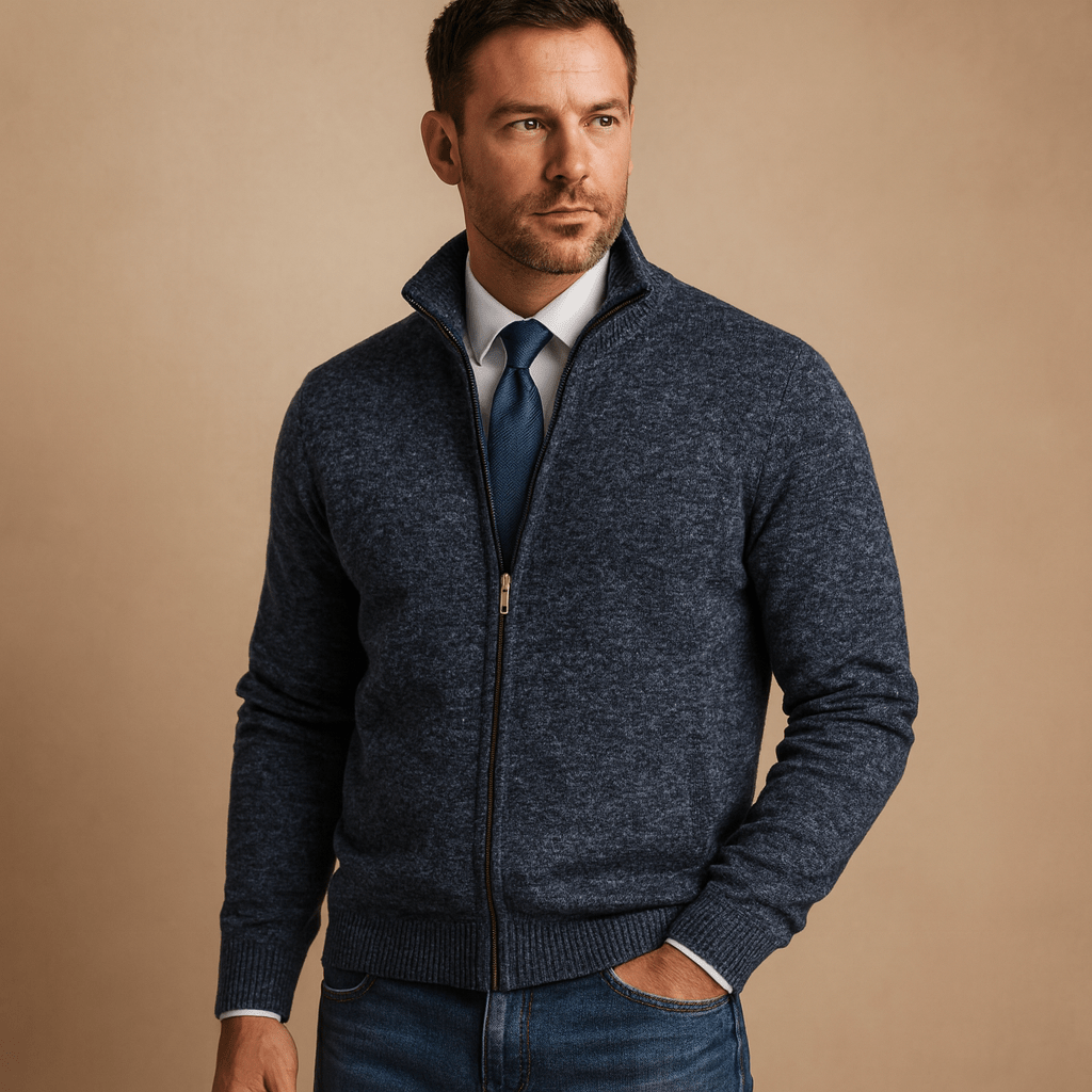 Men's zip up knit cardigan in navy with full zip and side pockets