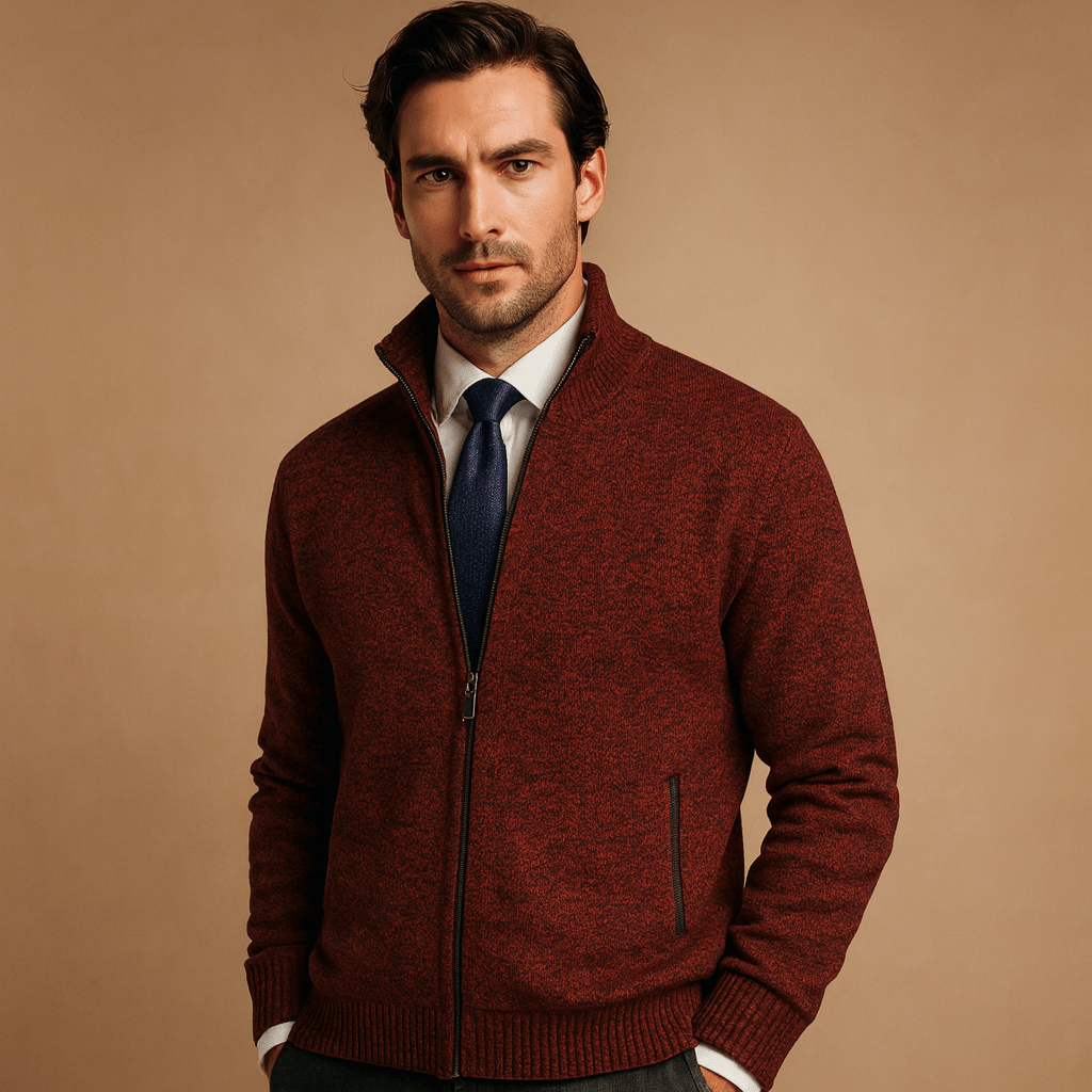 Men's zip up knit cardigan in red with full zip and side pockets