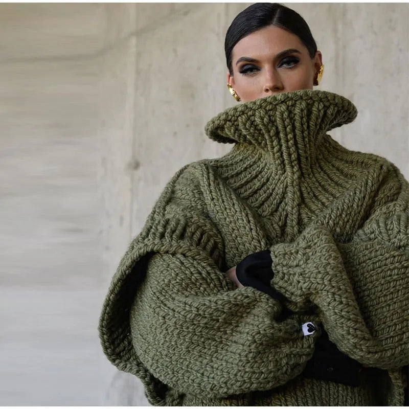 Women's Chunky Roll Neck Jumper in Olive