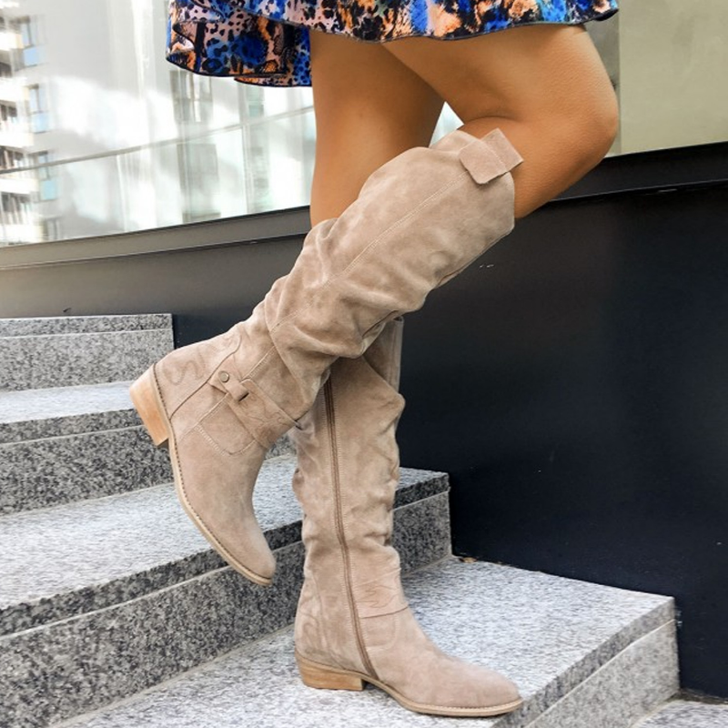 Women's Knee High Flat Boots in Beige