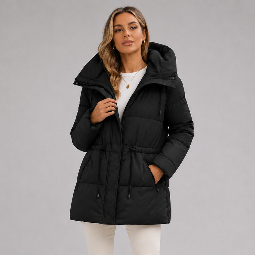 Women's black hooded down puffer coat with drawstring waist