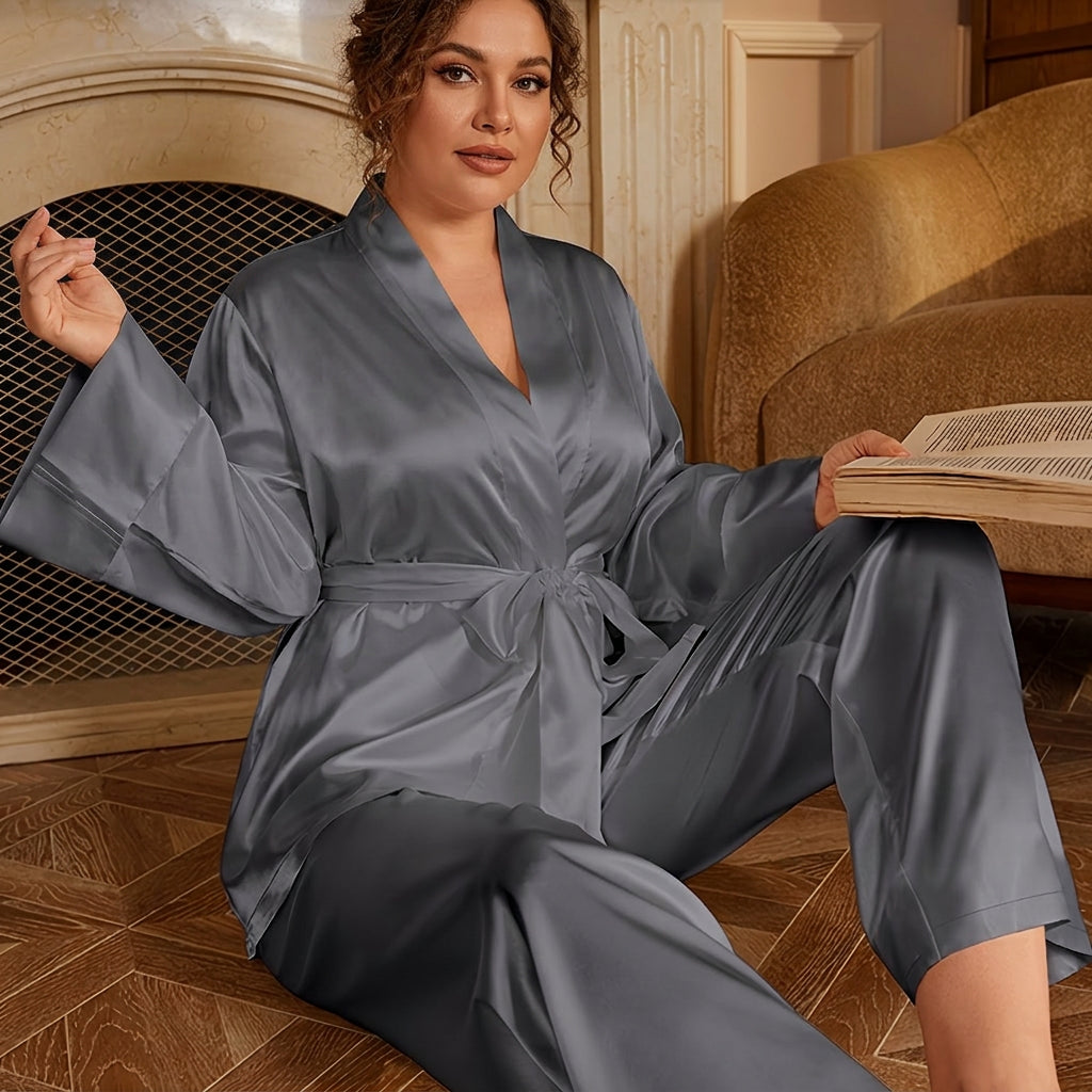 Women's satin wrap dressing gown and trouser set in grey